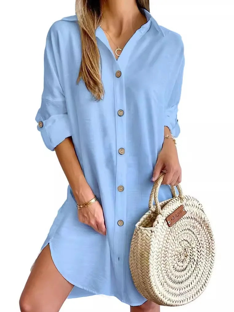 Women's Long Sve Collar Button up irt Dr High Waist Skirt Sle Casual Faion Polyester Fabric Iron Free Summer Dr