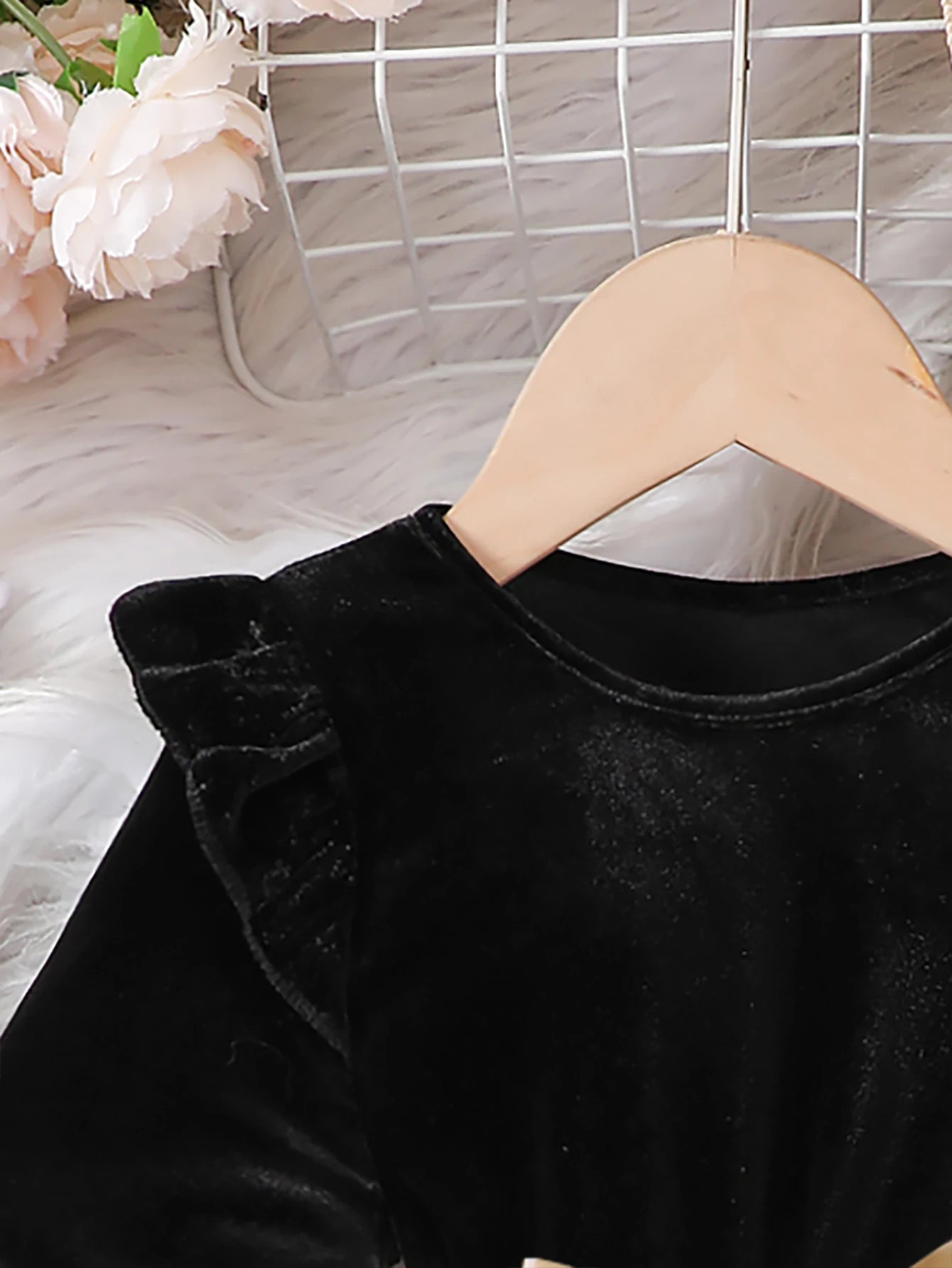 Girls Casual Long Sleeve Velvet Flying Sleeve Ruffled Flower Flocked Mesh Dress Princess Dress Holiday Party Gift with Ribbon