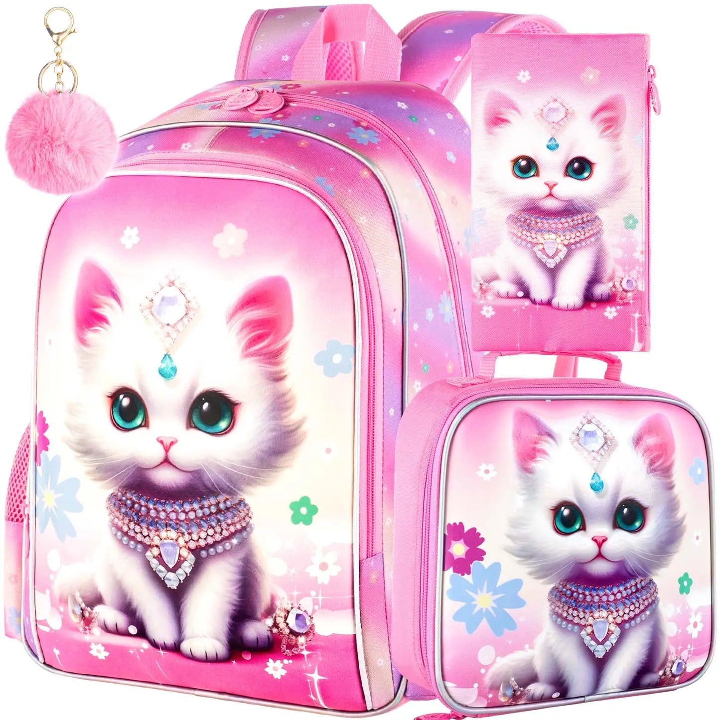 3PCS Girls Backpack, 16”Kids Cat Sequin Bookbag with Lunch Box, Water Resistant School Bag for Elementary Preschool Toddler