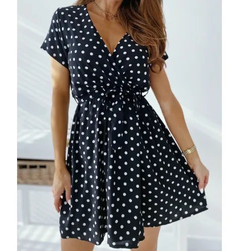 Summer New Sexy V-neck Polka Dot Print Short Sleeve Waist-cinching Dress Sweet Bohemian Style H-shaped Single Piece Dress