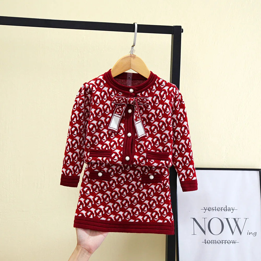 baby Girls clothes set Winter Knitting Long Sleeves Princess Top Skirt 2pcs Birthday Designed Uniform Fall Party Clothing 1-10Ys
