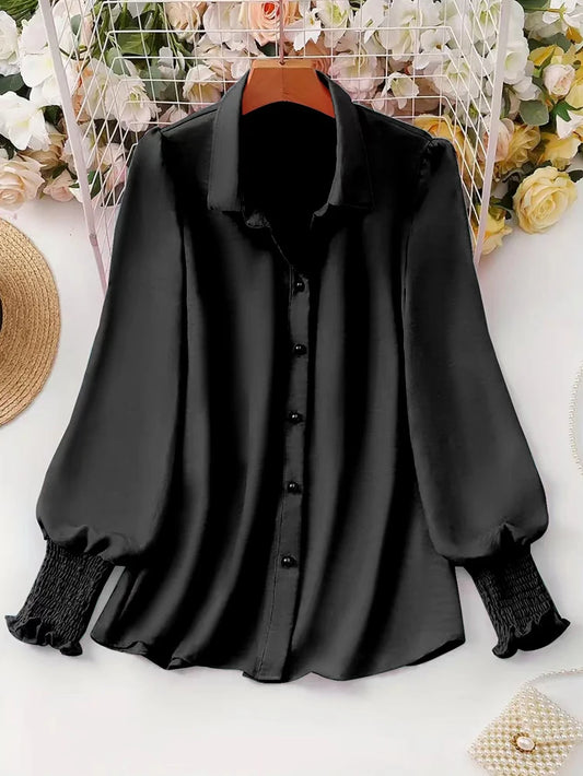 Plus Size 2025 Spring and Summer New Women's Casual Puff Sleeve Blouse Solid