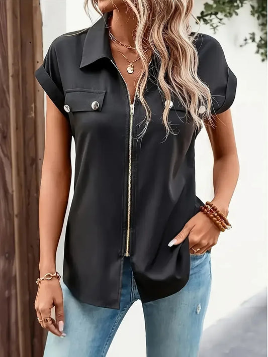 Plus Size 1XL-5XL Women's Black Zip-Up Blouse Button Lapel  Blouse Shirt Ladies Casual Short Sleeve Elegant Solid Color Shirt