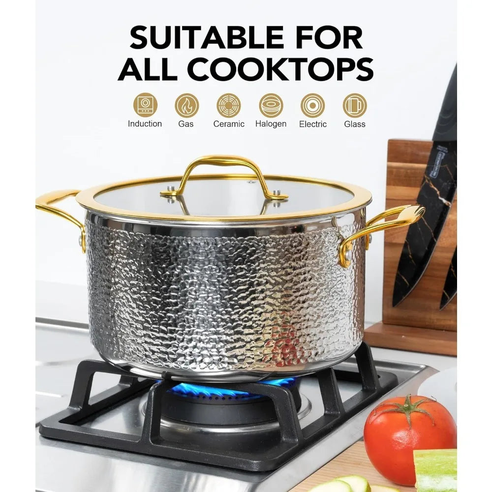 MICHELANGELO Hammered Stainless Steel 10 Piece Cookware Set With Gold Handle Induction Compatible Oven Safe Kitchen Pot
