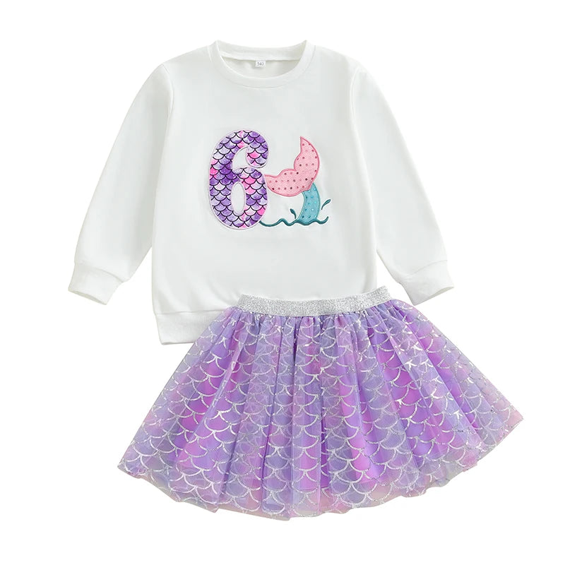 0-7Y Kids Girls Autumn Outfits Long Sleeve Number Embroidered Sweatshirt with Mermaid Tulle Skirts Sets Birthday Clothes