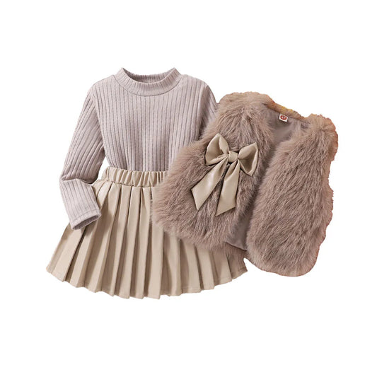 Autumn Winter Girl Clothes Set Baby Toddler Girl Suits Fur Vest Long Sleeve Shirt Base Layer and Faux Leather Skirt Pleated Chic