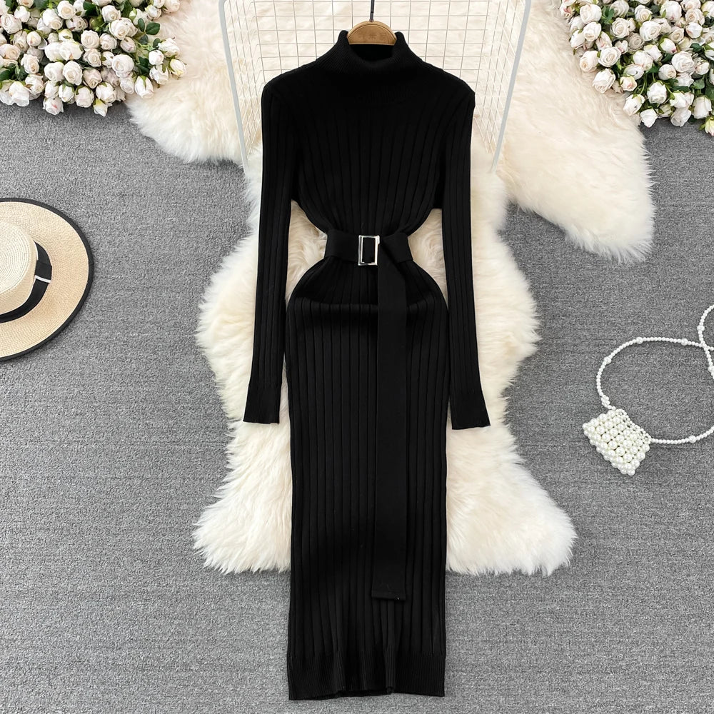 YuooMuoo Ins Hot Turtleneck Sexy Wrap Hips Knitted Dresses Women 2025 Autumn Winter Long Sleeve Bodycon Sweater Dress with Belt
