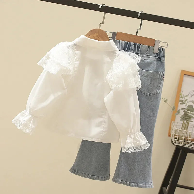 2024 Autumn New Girls' Clothing Sets Personalized Lace Doll Neck Shirt+Pearl Bow Jeans Set Ladies Style Spring Children's Suit