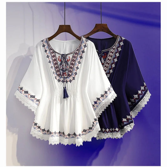 Women Summer Tees Retro Boho Style Embroidery Blouses Cloak Top Loose Cotton Lace Hem Bat sleeve Kimono Shirts Blusa Feminina