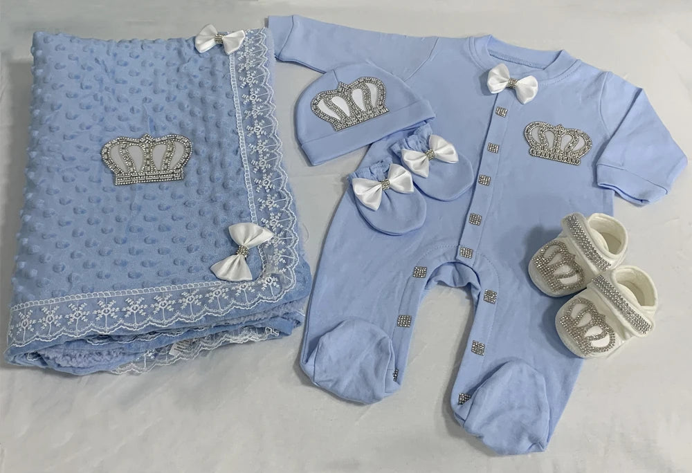 Baby Girl Boy Princess Prince Hospital Exit Newborn Bling Outfits Baby Bottles Gift Set Baby Shower Gift 5pcs Crown Romper