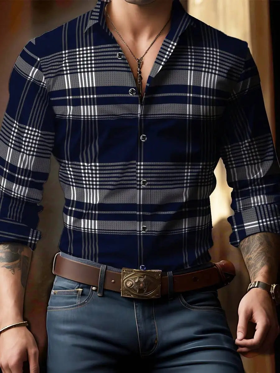 Men's Long Sleeve Plaid Shirt, Classic Fit, Button-Down Collar, All-Season Casual & Business Wear