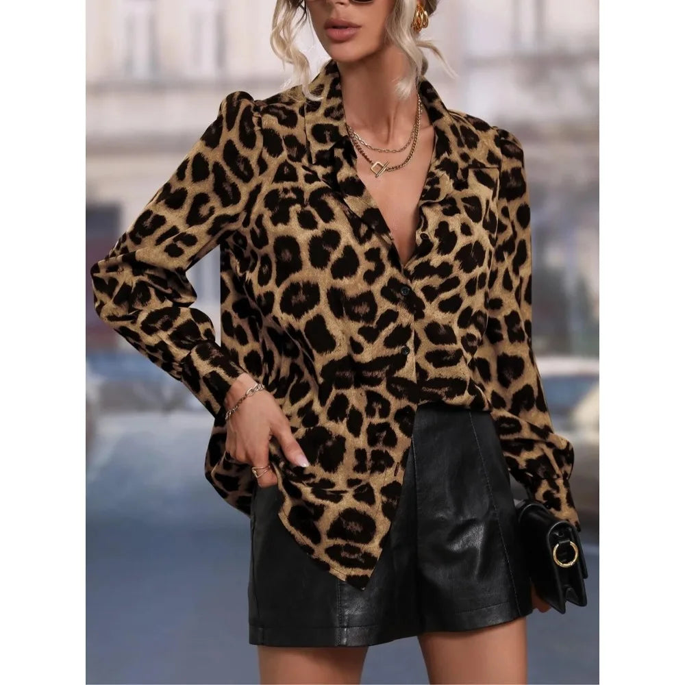 Plus Size 1XL-5XL Women Elegant Women's Casual Button Shirt with Trendy Leopard Print Perfect for Autumn Style Fitted Shirt