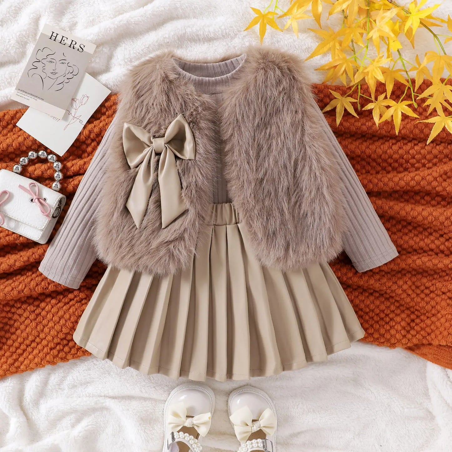 Autumn Winter Girl Clothes Set Baby Toddler Girl Suits Fur Vest Long Sleeve Shirt Base Layer and Faux Leather Skirt Pleated Chic