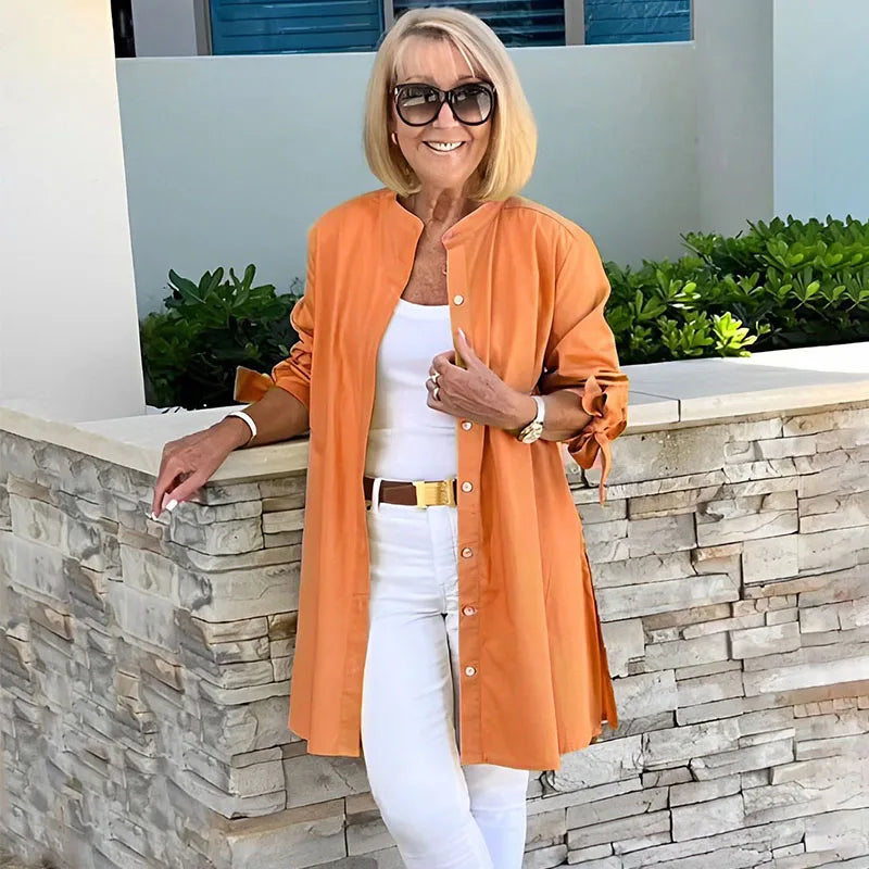 Single-button Turn-collar Elegant Commute Cardigan Shirts Solid Color Long-sleeve Cotton Shirt Slim Fit Blouses