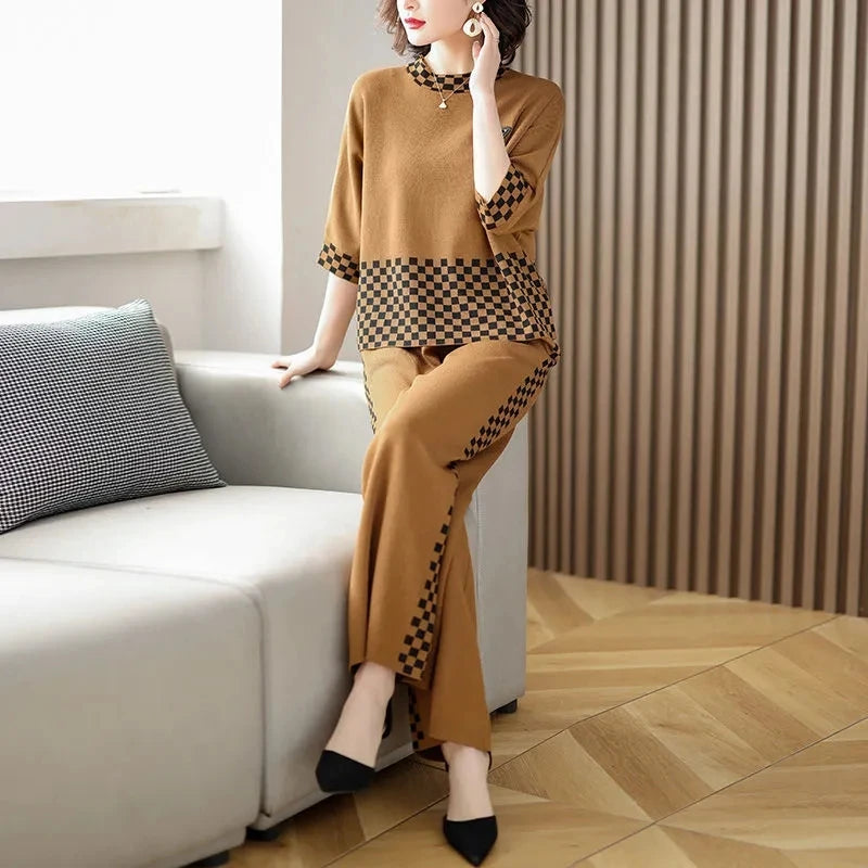 Noble Fashion Suits Spring Summer Middle Aged Mother Wide Leg Pants Sets Large Size Loose Tops + Casual Pants 2PCS Women Outfit