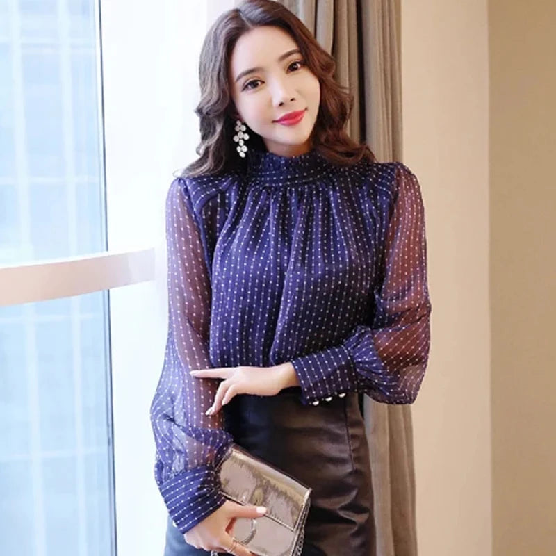 Long Sleeve Blouse Women Casual Striped Chiffon Blouse Shirt Fashion Women Blouses 2025 Top Female Blusa Feminina Women Tops A28