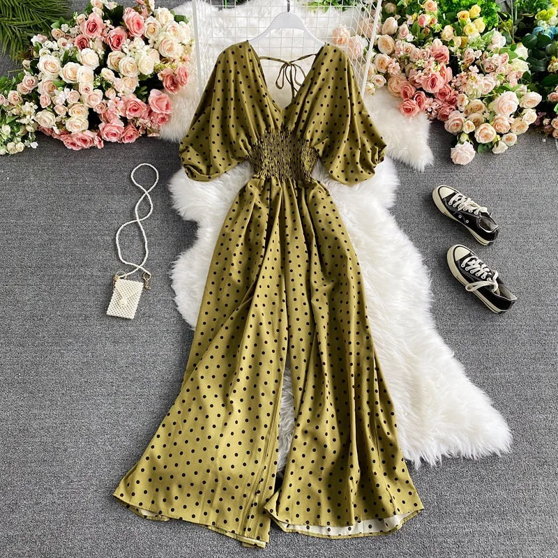 Women Wide Leg Trousers Jumpsuit V Neck Sexy Dolman Sleeves Waist Slim Polka Dot Print Jumpsuit