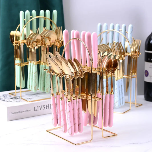 Fashion 24pcs Cutlery Set Stainless Steel Metal Gift Tableware Forks Spoons Kits Dinnerware Home School Kitchen