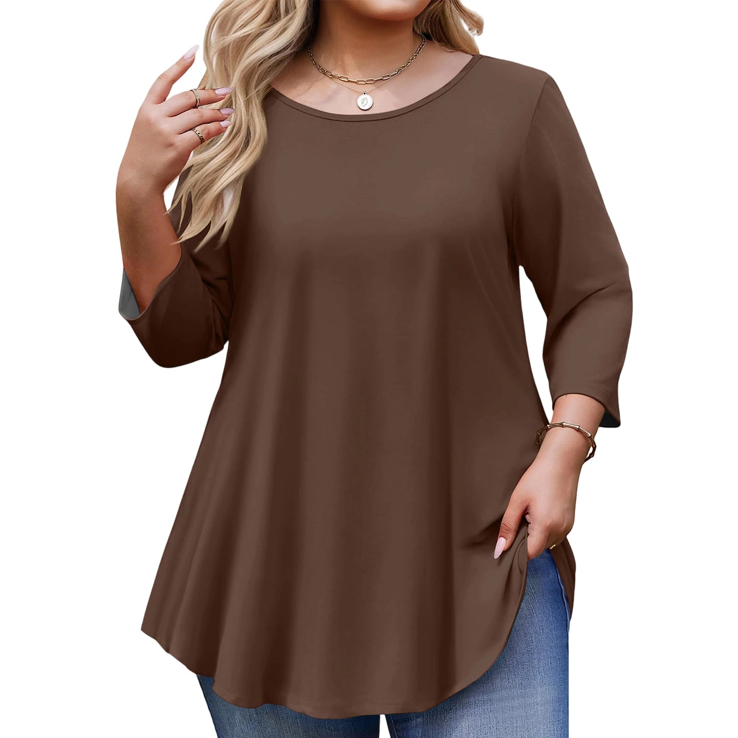 Spring Fall Women's Plus Size Long-sleeved Top, Solid Color Round Neck Curved Hem Loose T-shirt Spring Autumn Casual Top Mujer