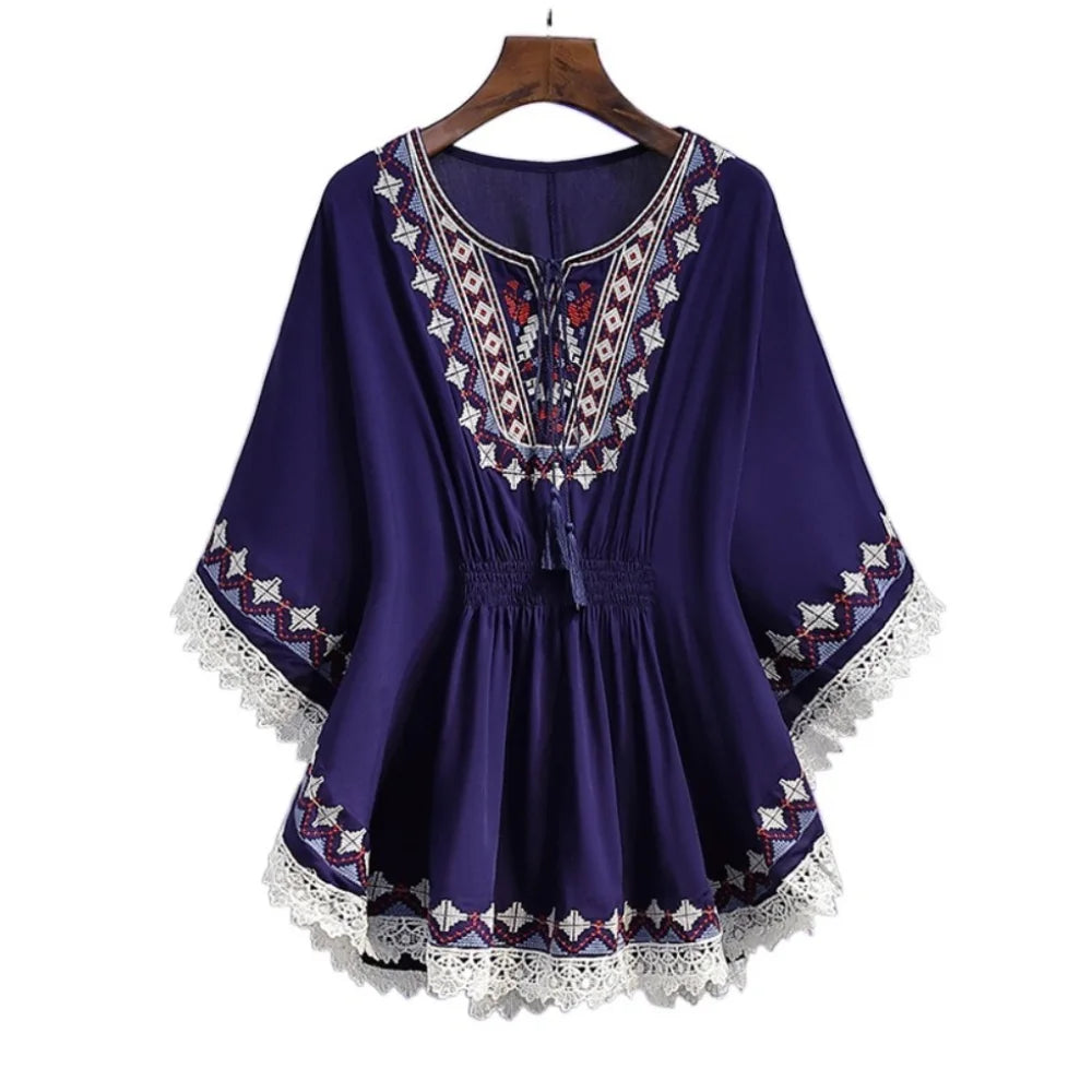 Sweet Lace-up Tassel Bohemian Style T-shirt Loose Round Neck Short Sleeve T Shirt Embroidery Blouses Ethnic Style Tops Women
