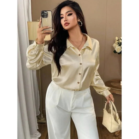 2025 Plus Size Satin Blouse: Solid Color Shirt with Unique Rose Buttons & Fluid Draping for Office Commute, Casual Gatherings