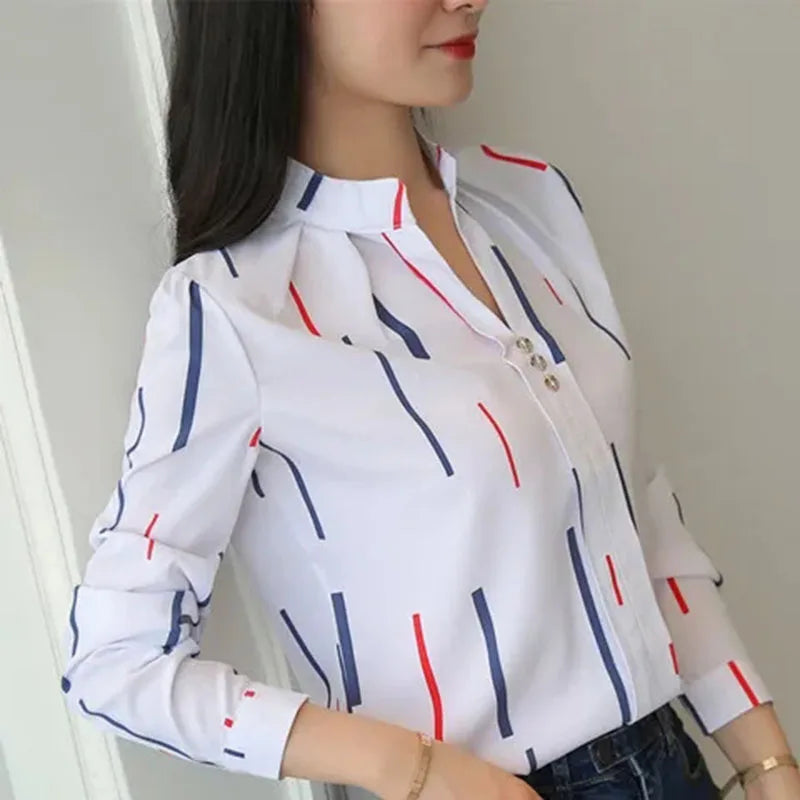 Autumn New White Shirt for Women Fashion Stripe Print Long Sleeve Office Lady Blouses Casual Loose Stand-up Collar Blusas