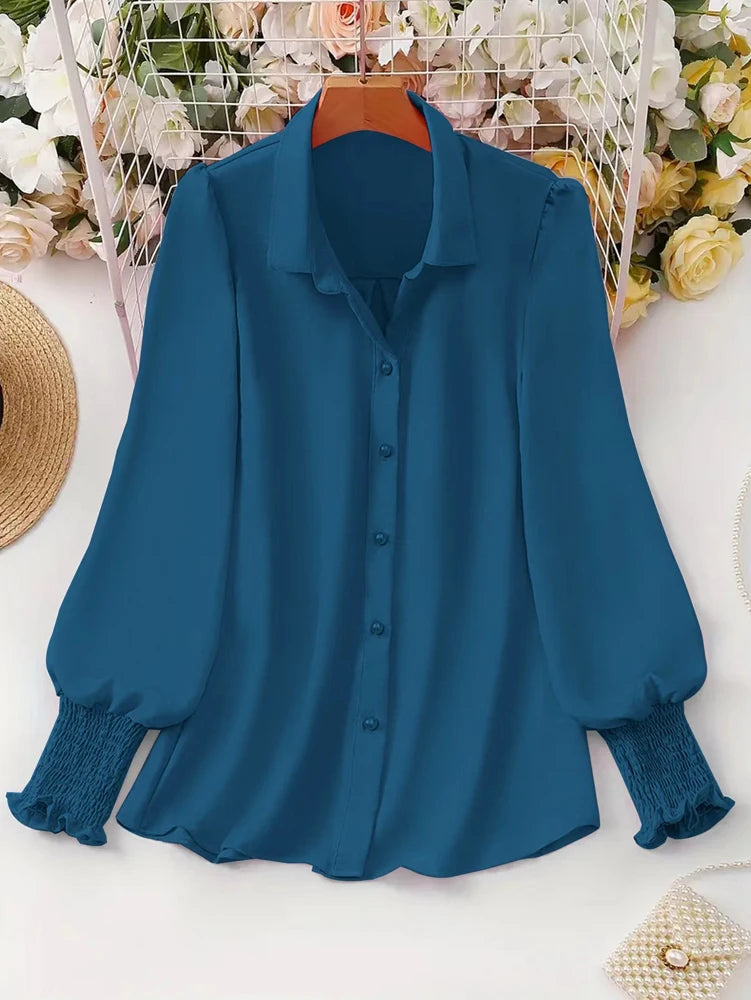 Plus Size 2025 Spring and Summer New Women's Casual Puff Sleeve Blouse Solid