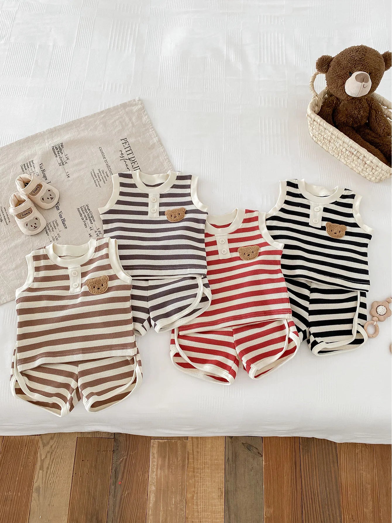 MILANCEL 2024 New Baby Clothes Set Sleeveless Tee And Shorts Boys Tracksuit Waffle Bear HeadGirls Clothing Set