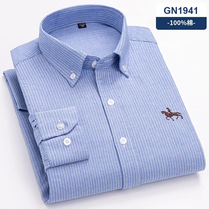 S~6XL Cotton Oxford Shirt For Mens Long Sleeve Plaid Striped Casual Shirts Male Pocket Regular-Fit Button-Down Work Man Shirt