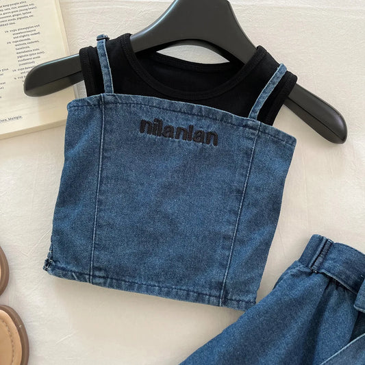 Girls' Clothing Set 2025 Summer New Sleeveless Denim Vest Top, Children's Denim Short Skirt Summer Three Piece Set