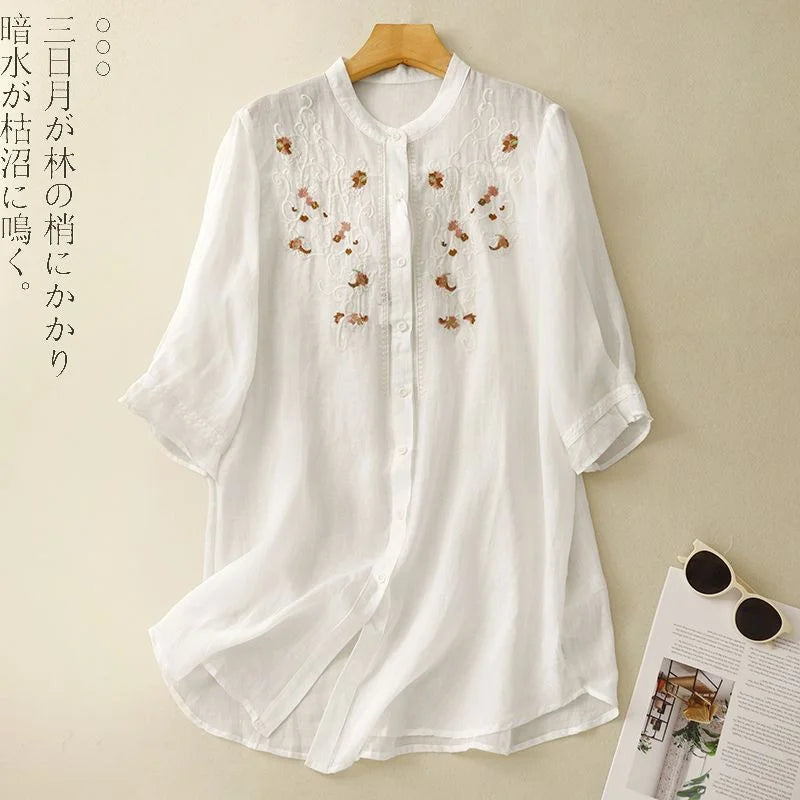 2025 New Literary Floral Embroidery Women O Neck Cotton Linen Long Shirts Loose Summer Blouses Sum Protection Female Casual Tops