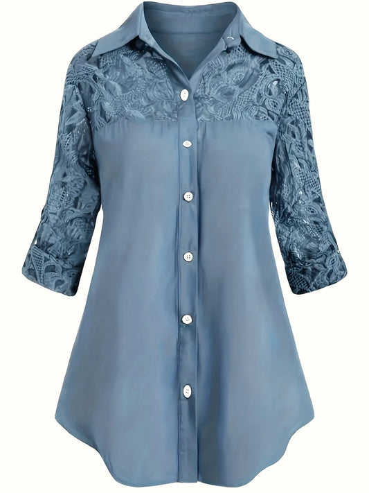 Plus Size1Xl-5XL New Women Fashion Elegant Polyester Shirt Light Blue Lace Sleeve Patchwork  Button-Up Turn- Collar Shirt Top