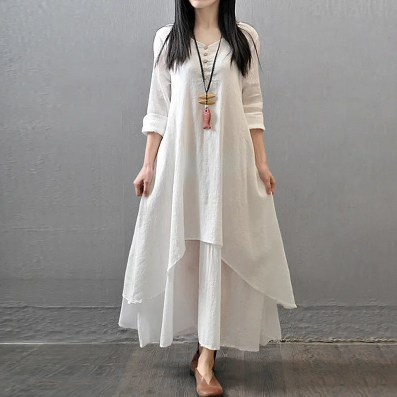 Irregular button women's cotton and linen pocket dress Korean round neck short sleeved loose solid color irregular double-layer