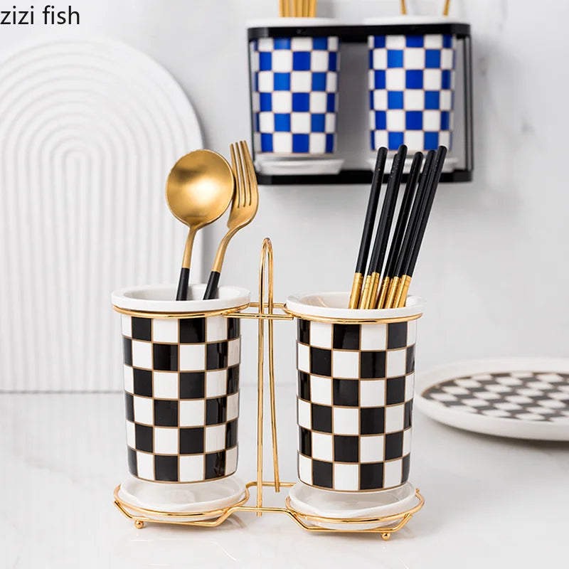 Checkerboard Ceramic Chopsticks Holder Drain Rack Chopsticks Basket Chopsticks Box Cutlery Box Storage Rack Wall-mounted Shelf