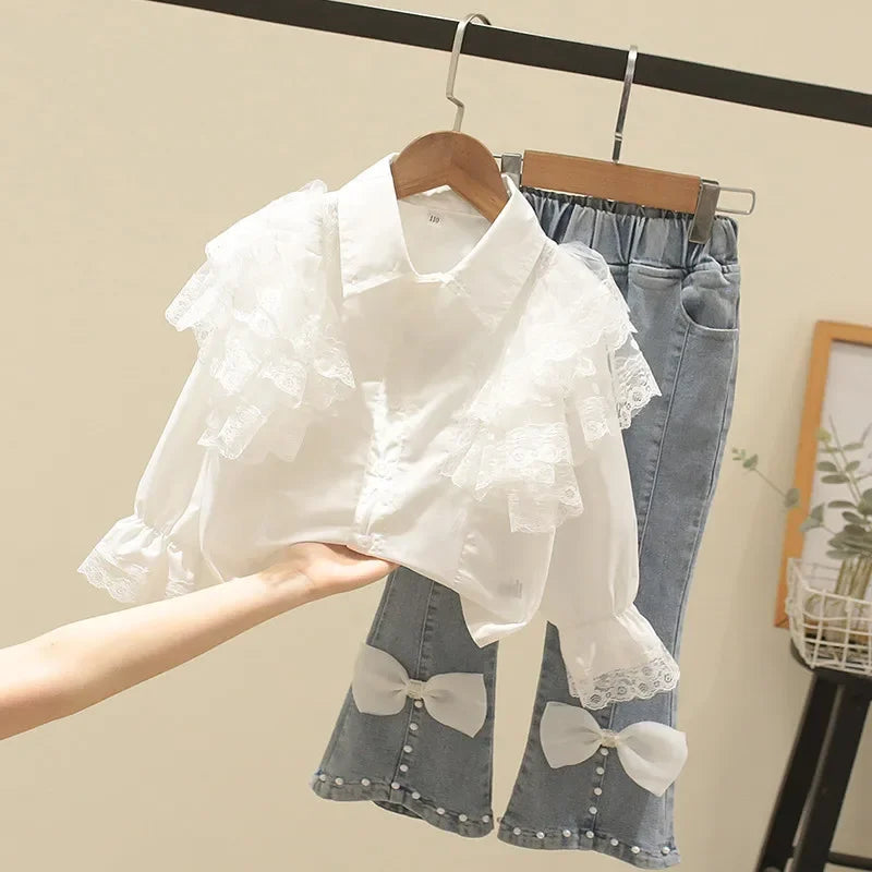 2024 Autumn New Girls' Clothing Sets Personalized Lace Doll Neck Shirt+Pearl Bow Jeans Set Ladies Style Spring Children's Suit