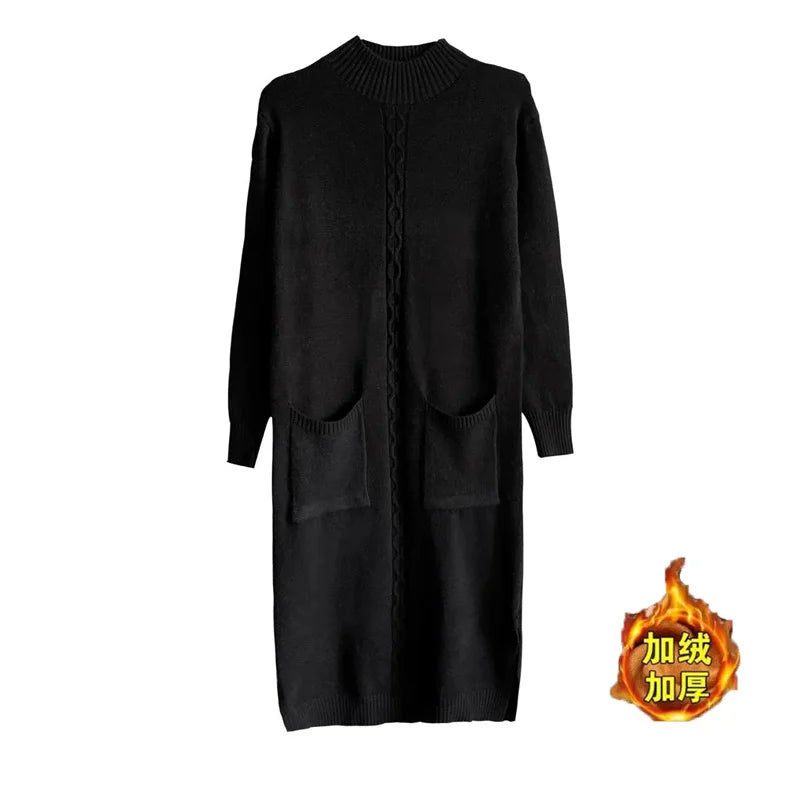 Autumn Winter Women Knit Dress New Long Sleeve Party Midi Dress Ladies Half High Collar Loose Elegant Knitted Sweater Dresses