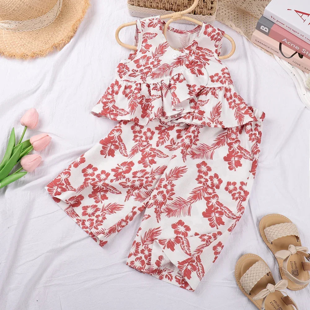 Summer New Fashionable Girl Sleeveless Printed Shirt+Wide Leg Pants Set with Retro Flower Style Two Piece Girl Clothing