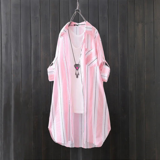 Chiffon shirt long-sleeved fashionable sun protection shirt top design loose striped shirt jacket plus size woman clothing
