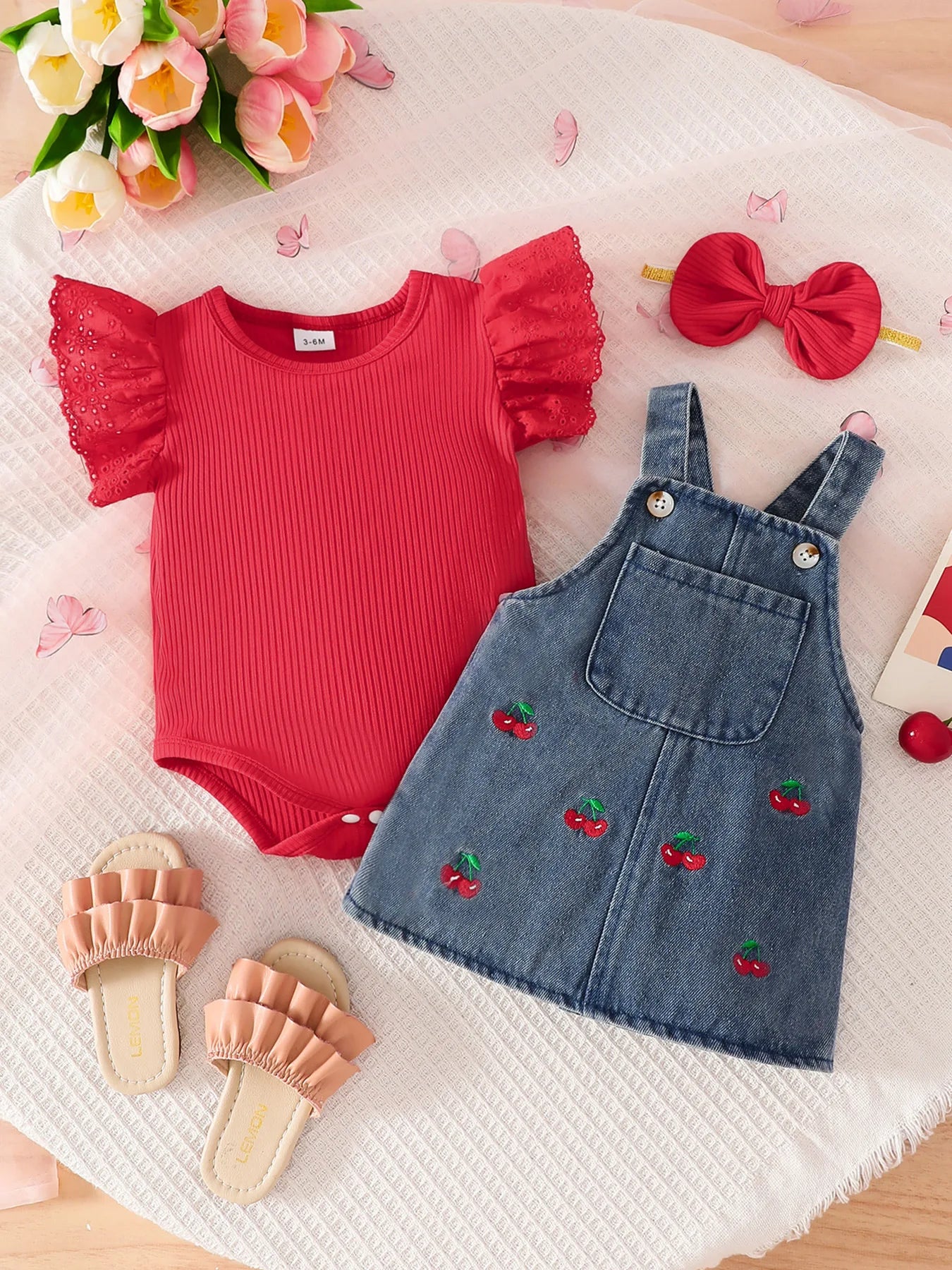 Baby Girl Cherry Embroidered Denim Suspender Skirt Set, Hollow Lace Sleeve Romper, Soft Denim Fabric, Sweet and Cute New Summer Style