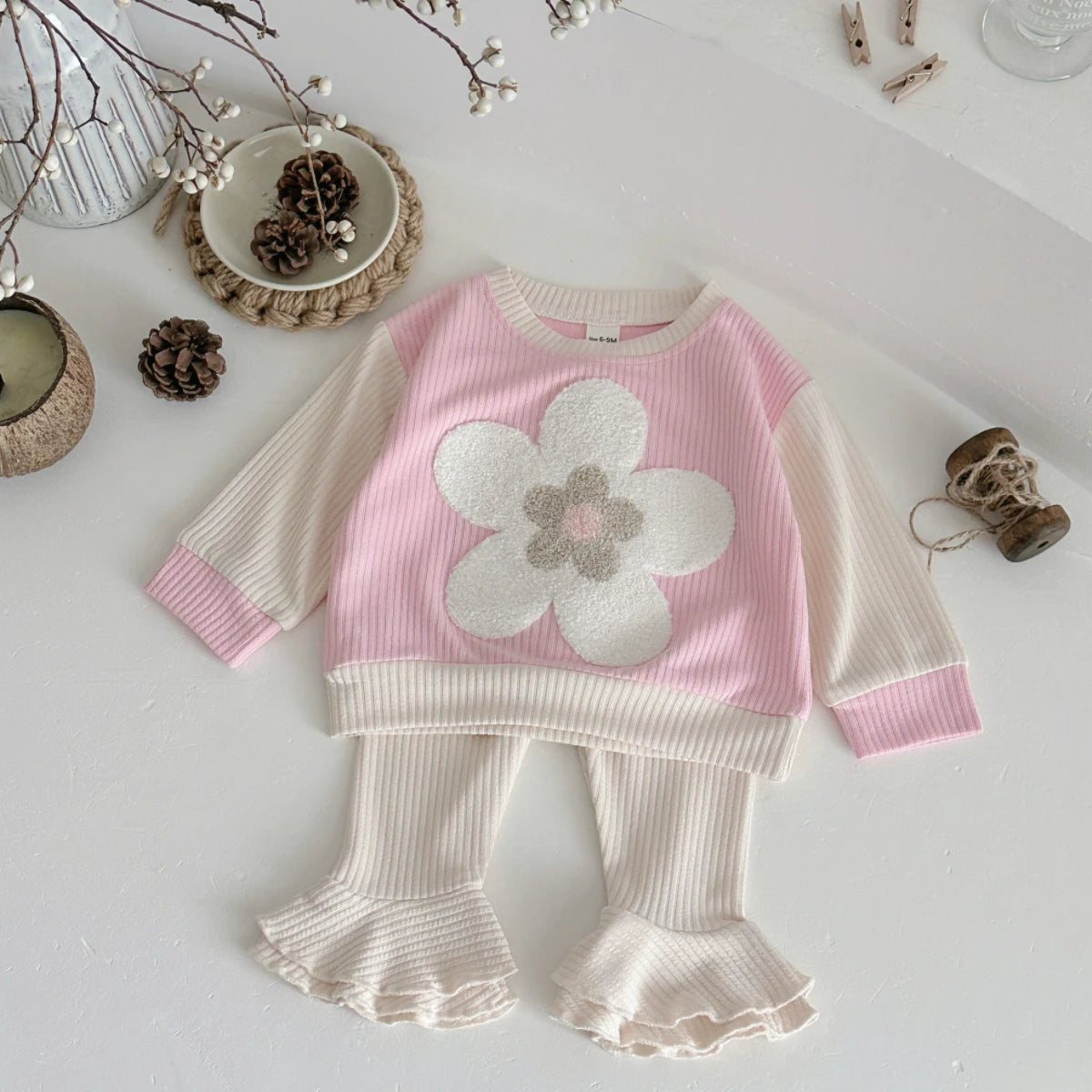 Baby Boys Girls Spring Autumn Clothes Set Cartoon Pink Flower Patch Embroidered Korean Style Tracksuit Tops Bell Bottom Pants