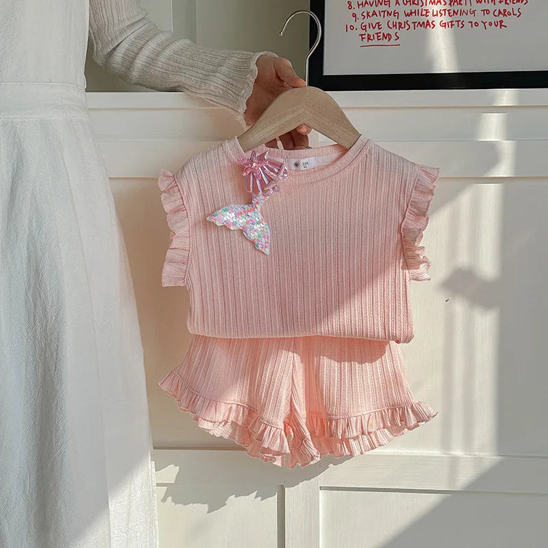 Girls 2-Piece Set Sleeveless T-shirt + Shorts 6 Colors Summer Pajamas Korean Style New Breathable Pure Cotton Home Wear 18M-8Y