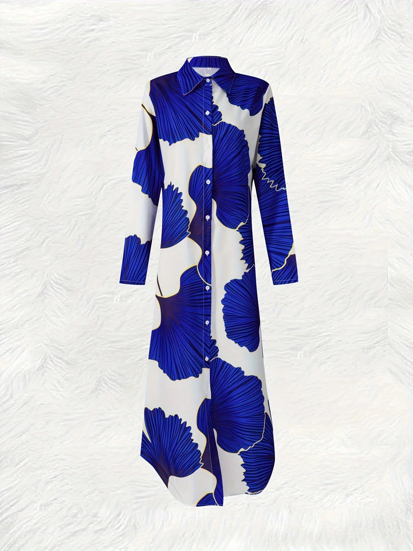 Printed Design Leisure style blue and white contrasting ginkgo leaf printed long sleeved dress