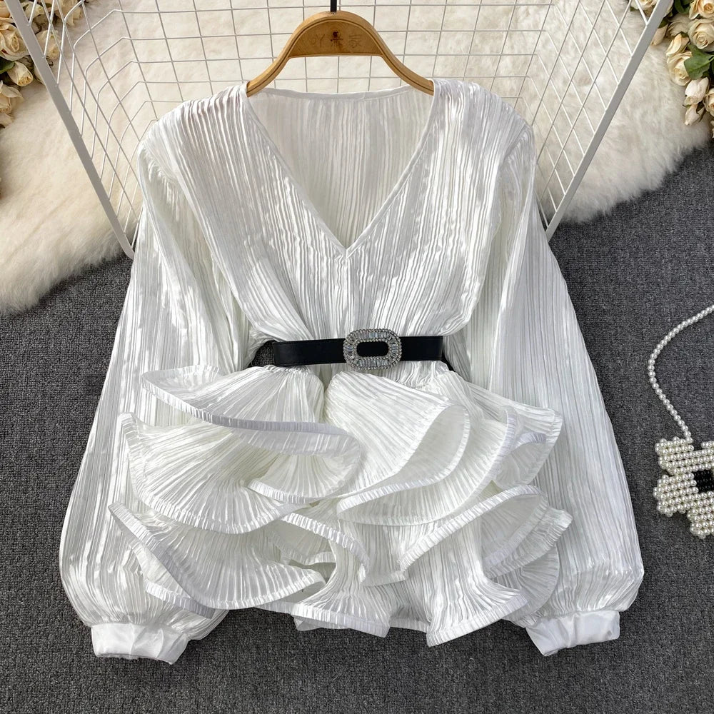2026 Blusas Mujer De Moda Temperament Blouses Women Lantern Sleeve V-neck Slim Waist Shirts Folds Ruffles Vintage Blouse Tops