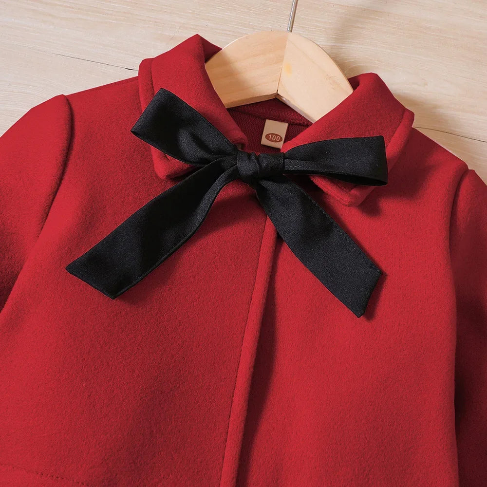 Autumn/Winter Bow Red Coat and Hat Dress Three Piece Set Christmas Girl Clothing New Year Party Children's Clothing 2-6 Years