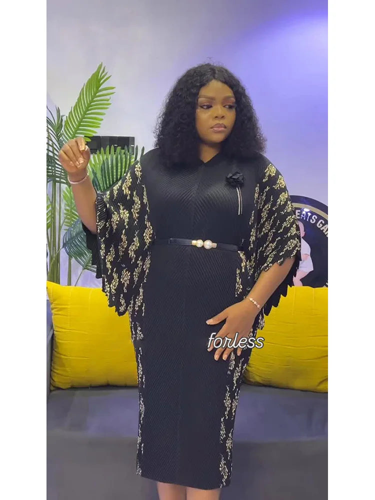 EGRM High-end Pleated Dresses For Women Traditional Clothing Batwing Sleeve V-neck Print Gown Maxi Long Dress 2025 New 7R6192