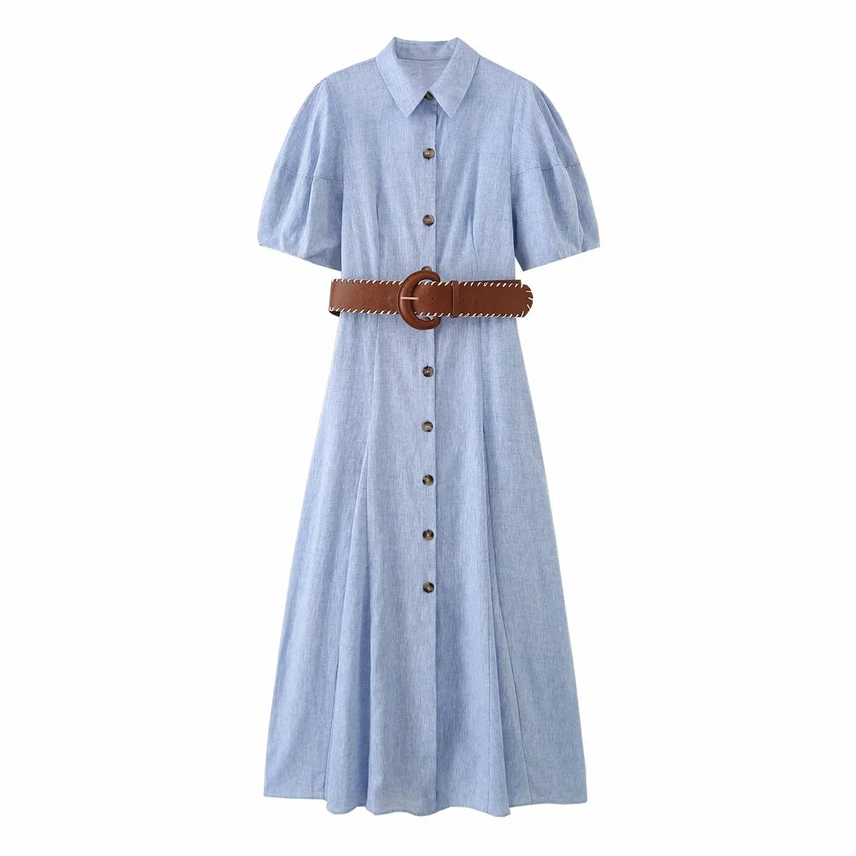 KONDALA Women Elegant Blue Trendy Long Dress Single Breasted Belt Dress New Fashion 2026 Spring Summer Holiday Beach Lady Dress