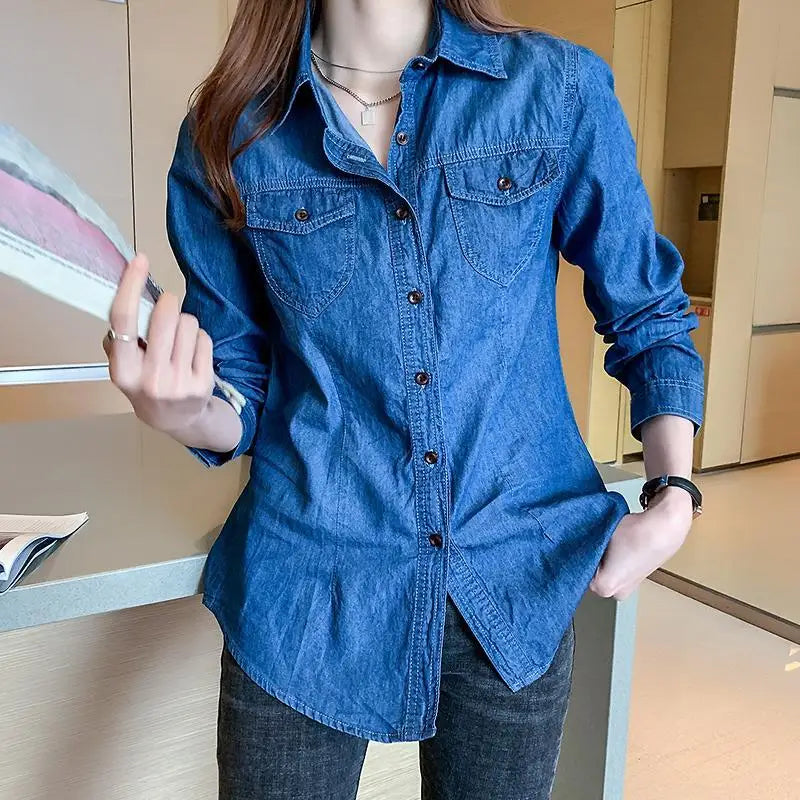 Women's Light Blue Denim Long Sleeve Button-Down Casual Shirt with Pockets