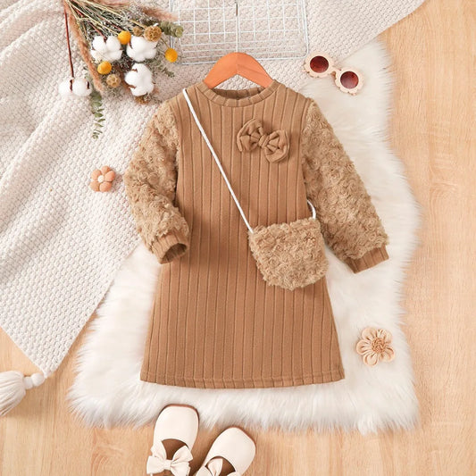 4-7 Year Children Girl Comfortable Dress Long Sleeved Soft Autumn&winter Dress Paired with A Small Shoulder Bag Fashion Clothing