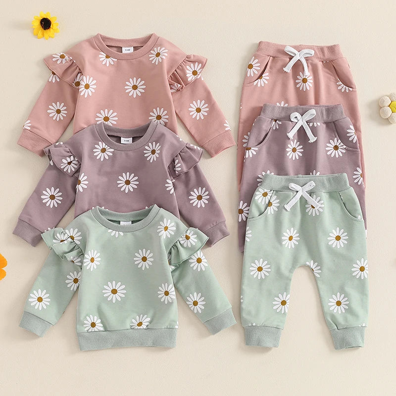 Pudcoco Toddler Newborn Baby Girl Fall Outfit Daisy Print Long Sleeve Sweatshirt with Elastic Waist Pants 2 Pcs Set 0-3T