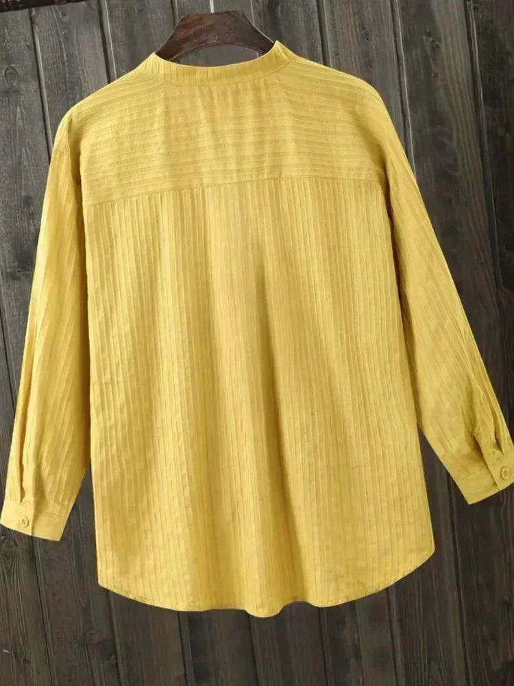 Plus Size Shirts Women's Cotton Tops Mujer Office Long Sleeve New Korean Loose Casual Vertical V-neck Shirts Top Blusas De Mujer